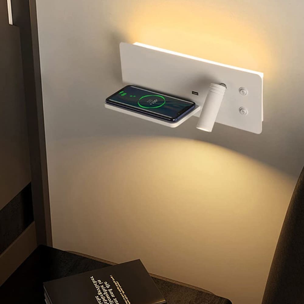 Wandlamp met draadloze oplader voor smartphone + USB-aansluiting